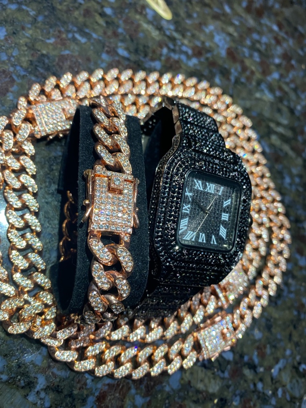 Black ice Watch with Rose Gold Iced Cuban Chain Set 16 inch 18 inch and bracelet